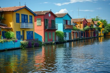 Obraz premium Colorful Houses Along Waterfront Canal