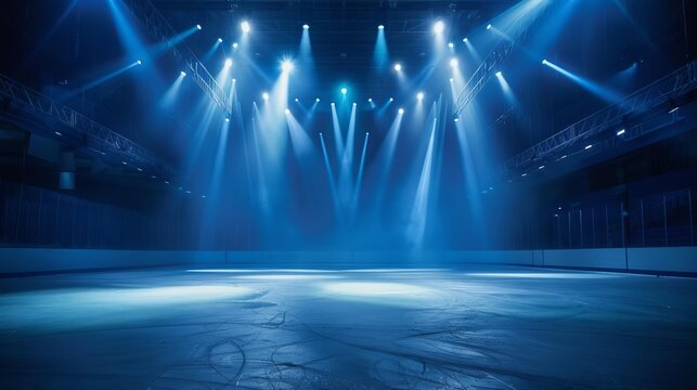dramatic ice hockey arena with bright spotlights and blue hues sports background