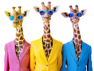 a group of giraffes wearing colorful suits and sunglasses © TONSTOCK