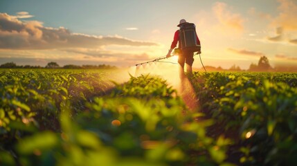 Fototapeta premium Farmer Spraying Crop at Sunset