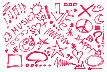 Set grunge scribble, hatched design elements, red marker isolated on white background	