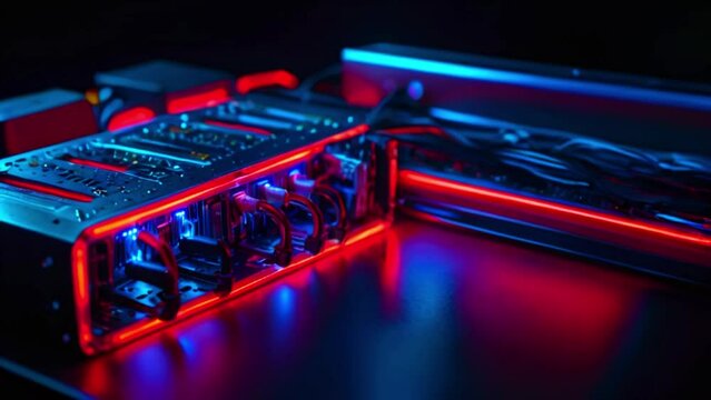 A dark video of a computer case with red and blue LED lights reflecting on a glossy black surface.