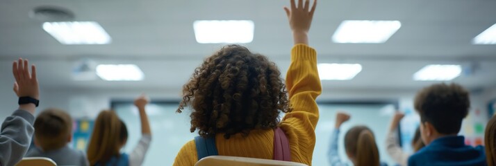 Children in a classroom are actively participating, engaging, and raising their hands with enthusiasm. The diverse students are focused, interacting, and demonstrating a bright and curious mindset