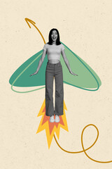 Creative trend collage of funny flying female arrow wings boost green eco energy environment weird...