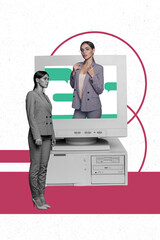 Vertical collage young attractive hot businesswoman vintage pc monitor screen textboxes...