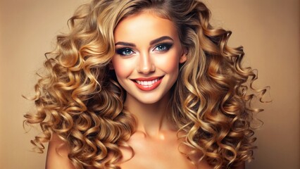 Fototapeta premium Vibrant beige background highlights stunning cosmetic beauty with luscious curly locks, radiant glowing complexion, and flawless facial features, epitomizing healthy skin and captivating smile.