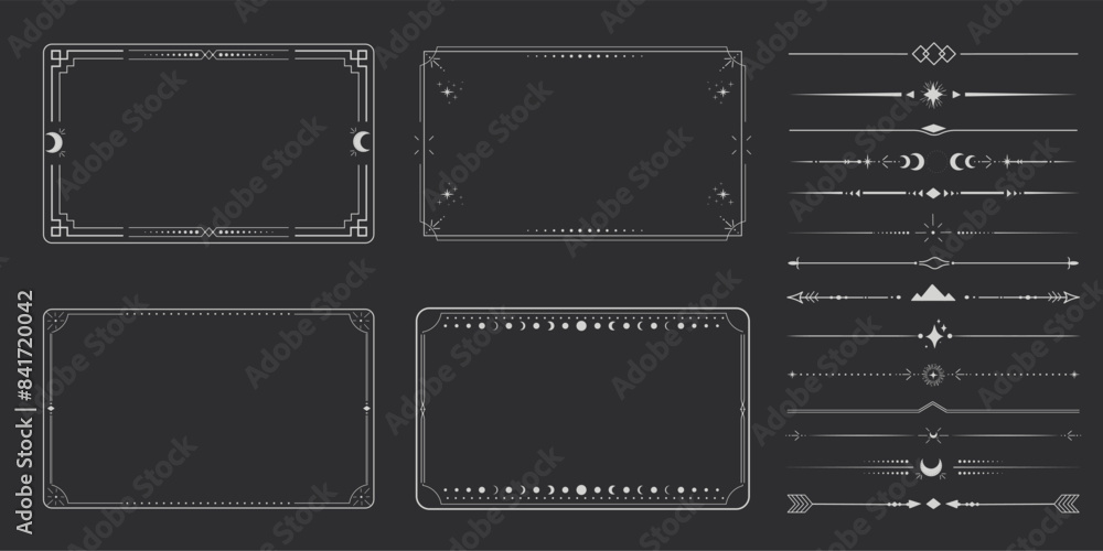 Wall mural silver celestial minimal esoteric frame, thin line border, divider mystyc linear decoration with dot