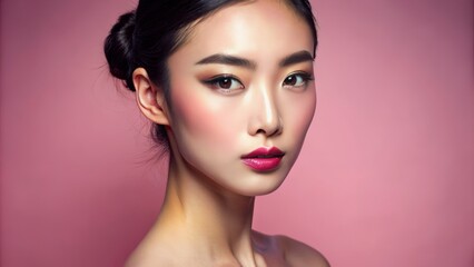 Fototapeta premium Soft focus on a pink background featuring a elegant asian woman's face with flawless skin, pulled back hair, and refined korean-inspired makeup, conveying beauty and elegance.