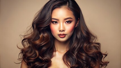 Fototapeta premium Vibrant portrait of a stunning asian beauty with curly long hair, flawless glowing skin, and radiant makeup against a soft beige isolated background.