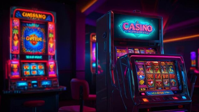 Video  slot machines in a row. The one on the left is blue and pink, the middle one is green and pink, and the one on the right is purple and pink