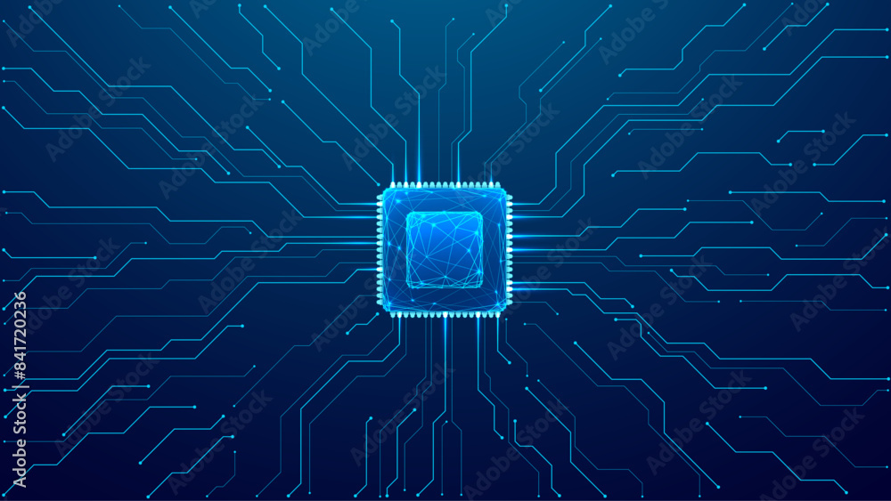 Poster Abstract digital CPU chip background on technology blue background. Circuit board. Ai Tech bg. Semiconductor or CPU processor. Artificial intelligence concept. Futuristic vector illustration.