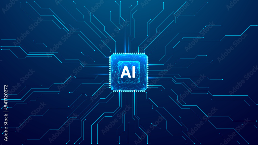 Poster AI chip background on technology blue background. Circuit board. Ai Tech bg. Semiconductor or CPU processor. Artificial intelligence concept. Abstract digital low poly wireframe vector illustration. 