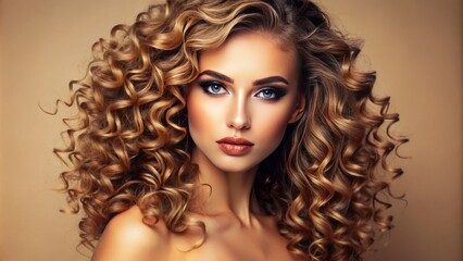 Fototapeta premium Vibrant beige background showcases stunning cosmetic beauty standards, exemplified by flawless glowing skin, luscious curly locks, and impeccable makeup artistry.