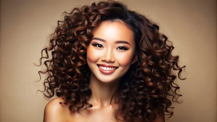 A stunning portrait of a happy asian woman with luscious curly locks, glowing complexion, and perfect makeup against a serene beige backdrop.