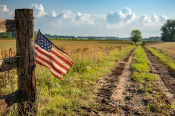 Close-up of an American flag hanging on a rustic wooden fence in a rural area. A backdrop of sunny blue skies and green fields symbolizing the heartland of America.