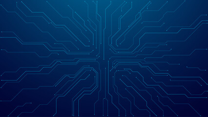 Abstract digital circuit board on technology blue background. Circuit connected lines and dots on abstract motherboard. Navy gradient tech bg. AI innovation concept.  Futuristic vector illustration.