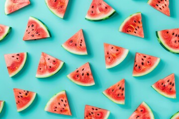 Seamless pattern with watermelons. Watermelon slices isolated on pastel blue background. Illustration painting