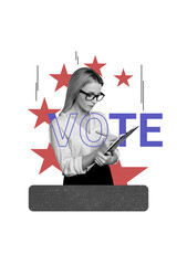 Creative trend collage of young girl signing documents vote election ballot democracy concept weird...