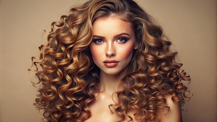 Fototapeta premium Vibrant, flawless, porcelain-like skin radiates healthy glow, framed by luscious curly locks, on a serene, isolated beige backdrop, exemplifying cosmetology and beauty ideals.
