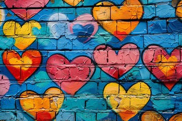 Brick wall with painted hearts in graffiti style.