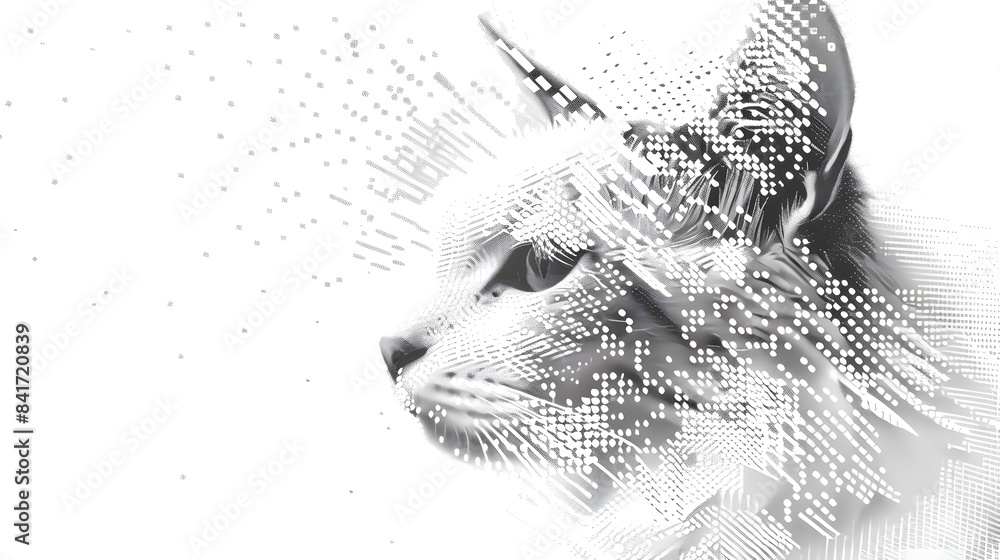 Poster a cat made of halftones in only white. in a format usable for screen printing