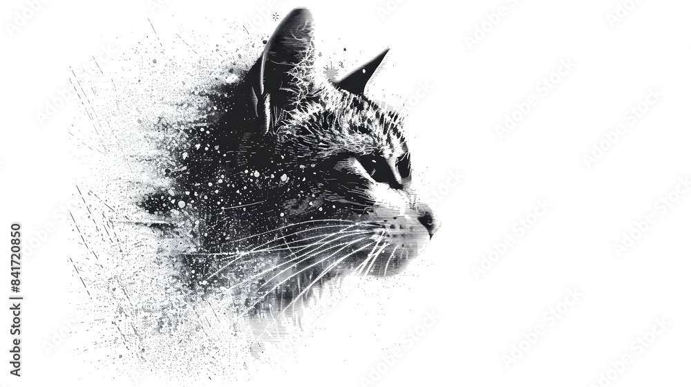 Poster a cat made of halftones in only white. in a format usable for screen printing