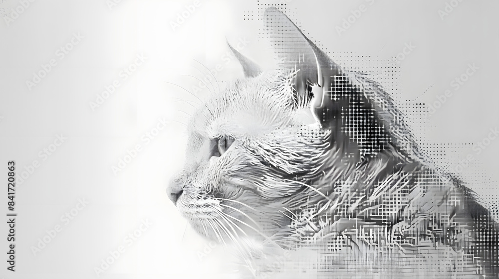 Poster a cat made of halftones in only white. in a format usable for screen printing