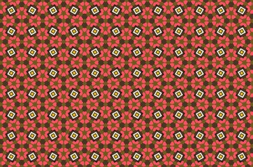 A patterned red and brown fabric with a floral design