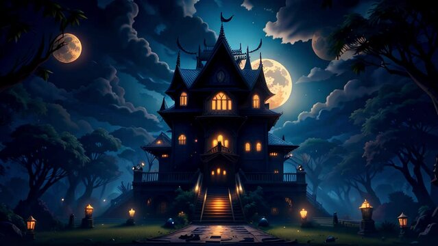 Seamless loop of a haunted house in a dark and frightening environment.