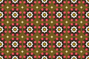 A pattern design of brown background and pink dot and white star and circles