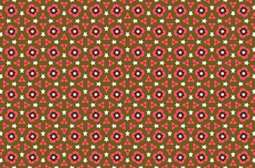 A pattern of stars and flowers in red and brown background.