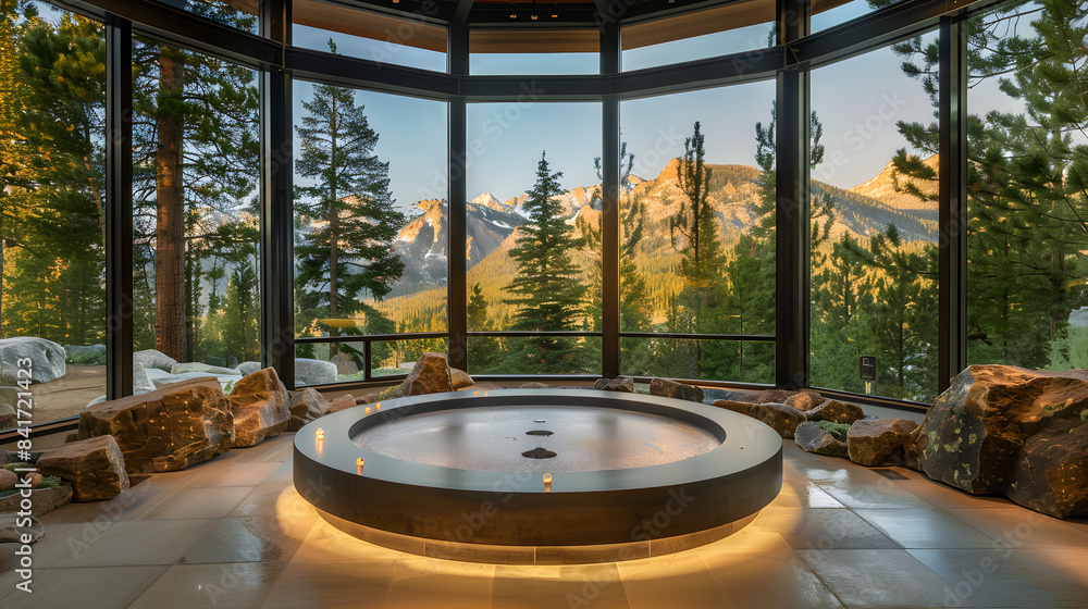 Poster a circular podium in the center. surrounded by pine trees and rocks with mountain views outside the 