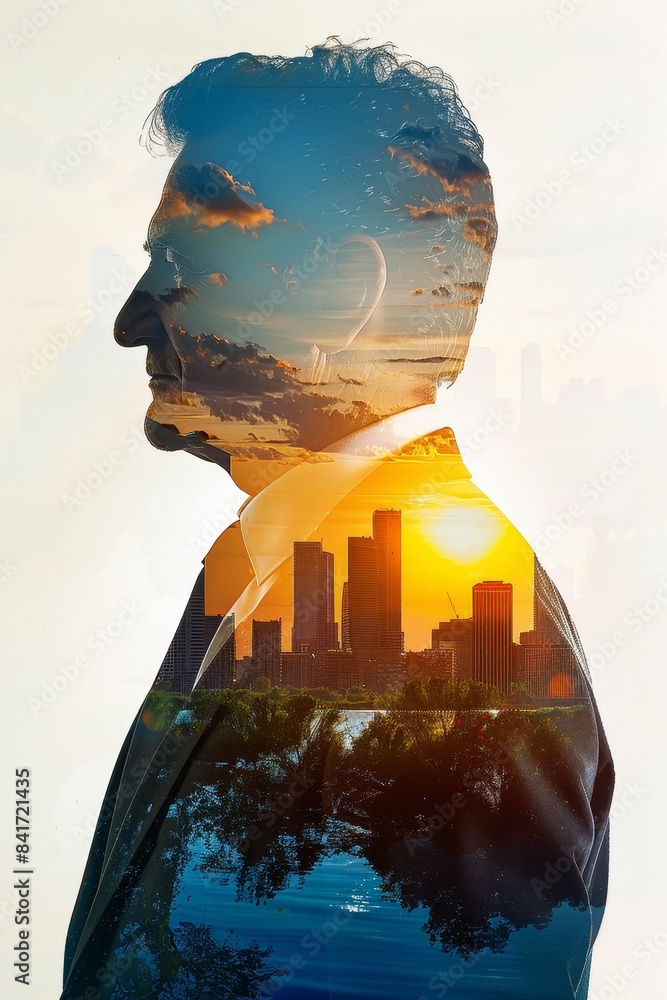 Wall mural Business senior in double exposure collage with vibrant skyscrapers and graphic accents - Wall murals