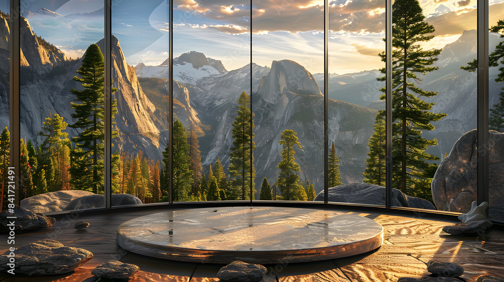 Poster a circular podium in the center. surrounded by pine trees and rocks with mountain views outside the 