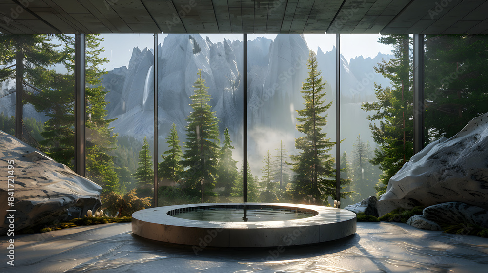 Poster a circular podium in the center. surrounded by pine trees and rocks with mountain views outside the 