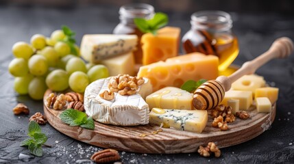 Delicious Cheese Board with Honey, Grapes, and Walnuts