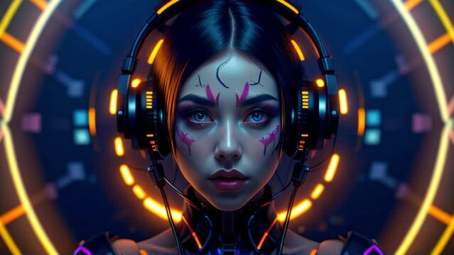 Robot dj girl DJing in a night club. Seamless loop of android woman listening to music with headphones with moving neon background. 