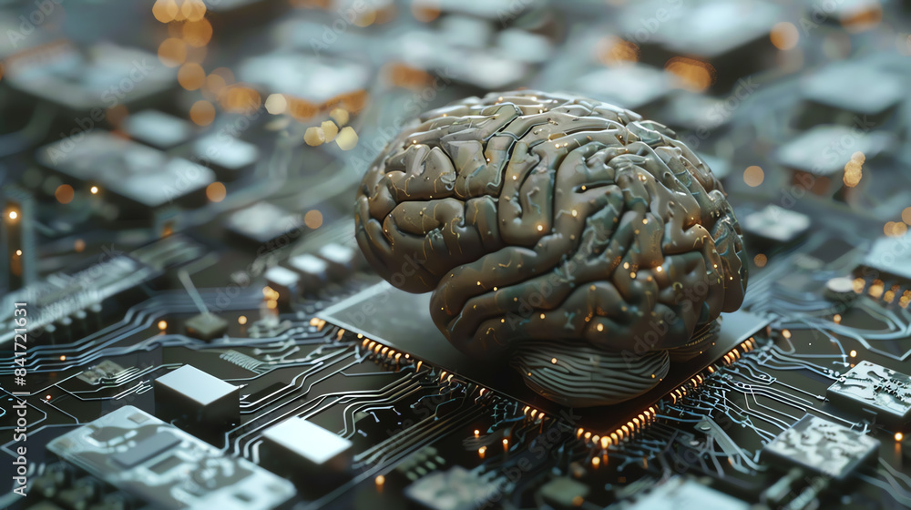 Aufkleber artificial intelligence concept with a human brain on a computer motherboard, representing the fusio