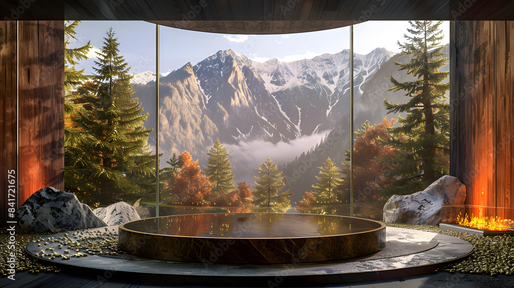 Poster a circular podium in the center. surrounded by pine trees and rocks with mountain views outside the 