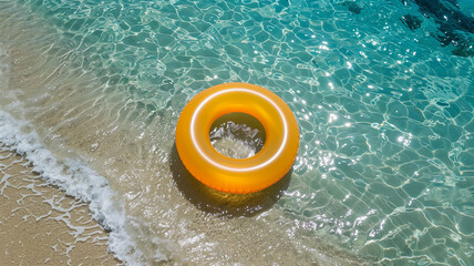 Obraz premium Yellow inflatable ring floating on clear blue water near the beach on a sunny day