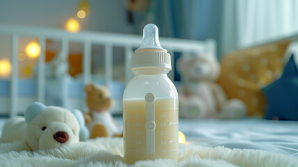 Baby bottle filled with milk standing on carpet in cozy baby room with cute toys