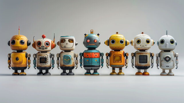 Row of seven cute old retro robots standing on a seamless background