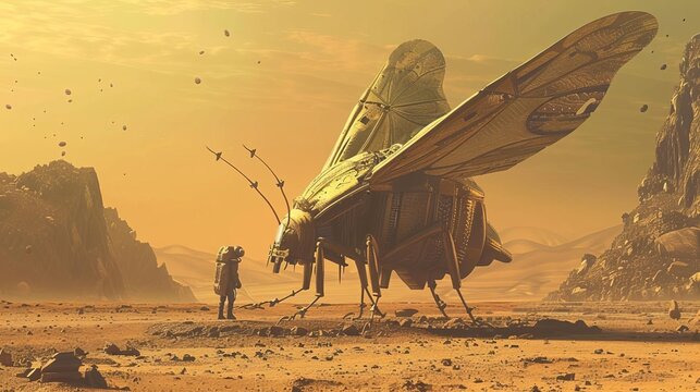 extraterrestrial encounter alien insect creature visits earth desert landscape digital art illustration