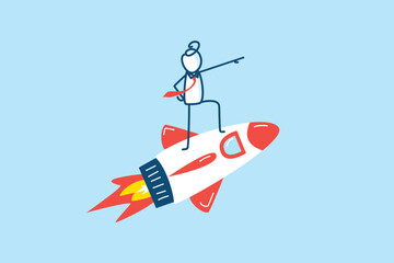 businessman stick figure character riding a rocket flying to the sky. financial growth, startup mission success, entrepreneurship start business concept. hand drawn style vector doodle illustration