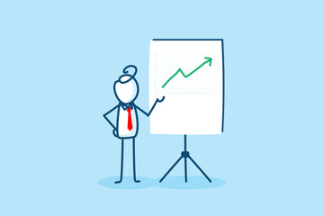 businessman stick figure character presenting growth marketing data on a presentation screen board explaining arrow charts. Business seminar drawn style vector doodle illustration