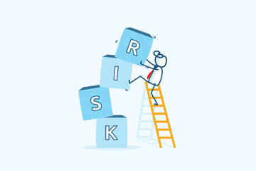 businessman stick figure character on ladder holding cube risk cubes. Risk management assessment and analyzing measuring for success investment opportunity. hand drawn style vector doodle illustration