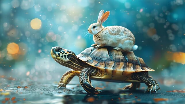 fast turtle carrying rabbit on back surreal ai generated animal race illustration
