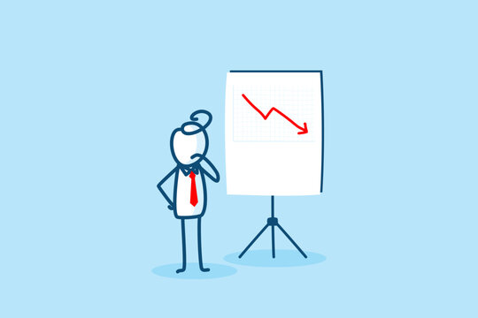 businessman stick figure character looking bad result presentation chart with red crisis arrow down. failed diagram, bankruptcy, decrease financial problem. hand drawn style doodle illustration