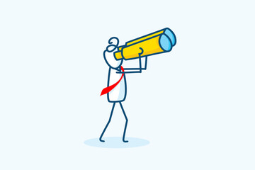 businessman stick figure character looking through binoculars telescope. Business target vision, success career development concept. hand drawn style vector doodle illustration