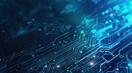 Blue glowing circuit board with technological elements